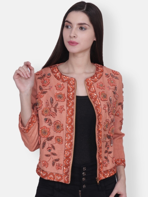 Diwaah Women Orange Self Design Bomber