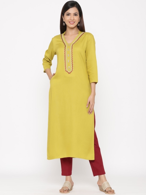 Jaipur Kurti Women Lime Green Yoke Design Straight Kurta