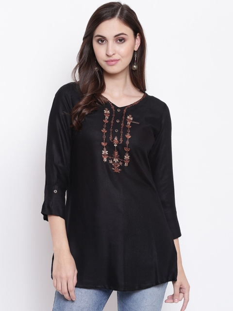 Kvsfab Women Black & Brown Embroidered A-Line Kurti