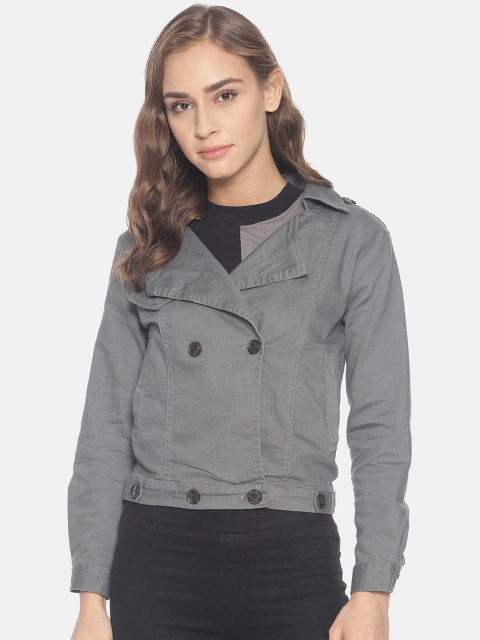 Campus Sutra Women Grey Solid Windcheater Denim Jacket