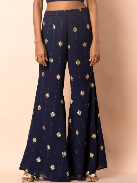 INDYA Women Navy Blue & Gold-Coloured Foil Floral Printed Sharara Pants