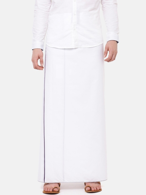 RAMRAJ COTTON Men White Solid Vairam Dhoti With Navy Blue Border