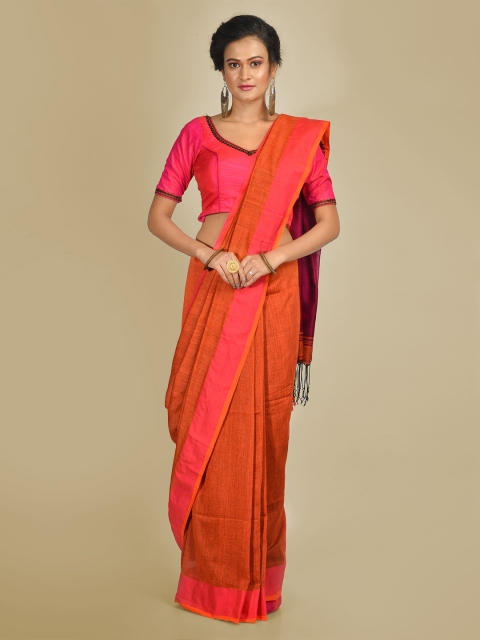 Mitera Orange & Pink Cotton Blend Solid Handloom Saree