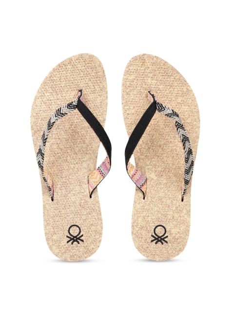 United Colors of Benetton Women Black & Beige Printed Thong Flip-Flops