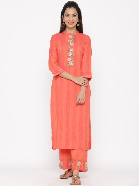 Jaipur Kurti Women Coral-Coloured Embroidered Kurta with Palazzos