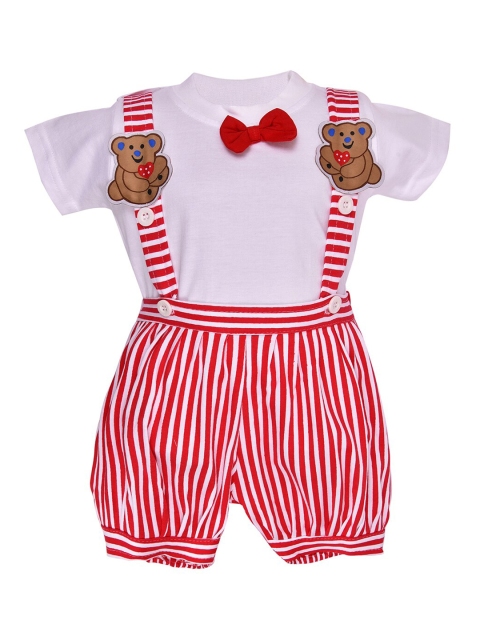 Wish Karo Kids Red & White Striped Dungarees With T-Shirt
