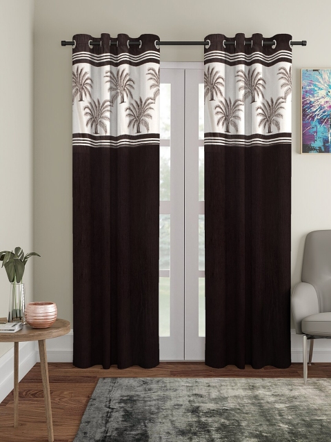 VRINDA Coffee Brown & Off-White Set of 2 Long Door Curtains