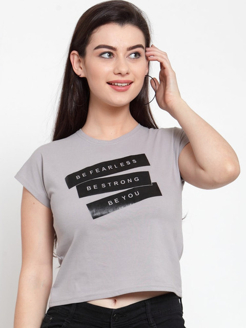 Everlush Women Grey & Black Printed Crop Top 
Everlush Women Grey & Black Printed Crop Top