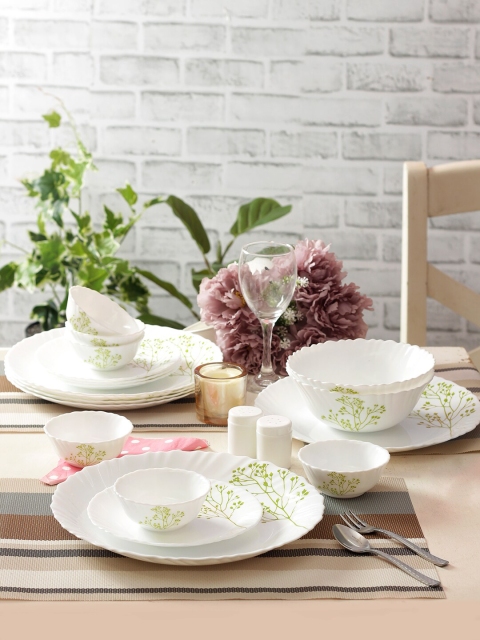 Laopala White & Green 23 Pcs Printed Opalware Dinner Set
