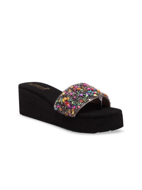 Butterflies Women Black & Pink Embellished Wedge Heels