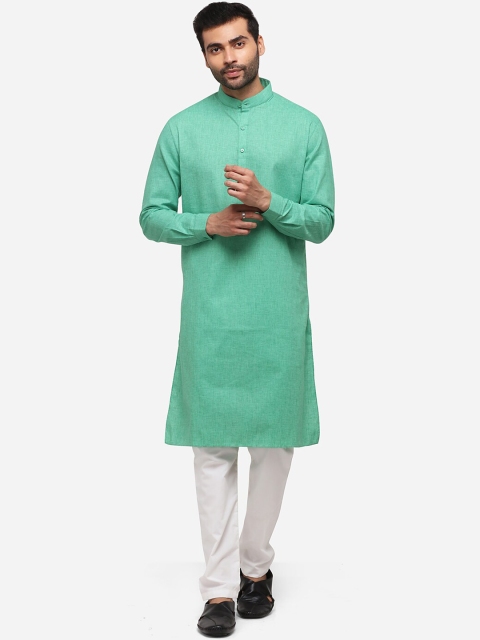 JADE BLUE Men Green Woven Design Straight Modi Kurta