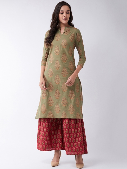 InWeave Women Green Printed Straight Kurta