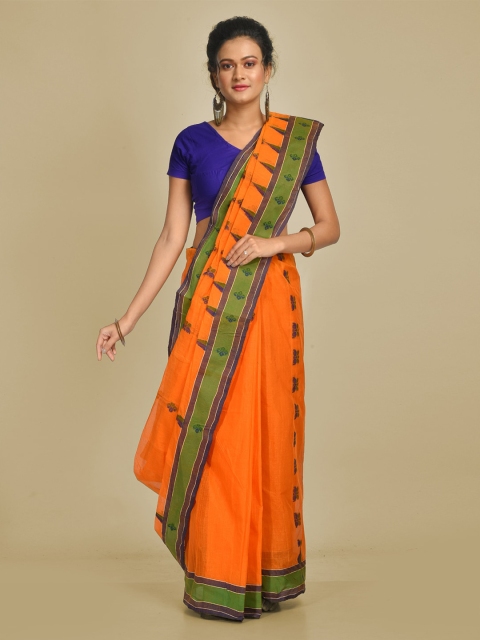 Mitera Orange Pure Cotton Printed Handloom Taant Saree