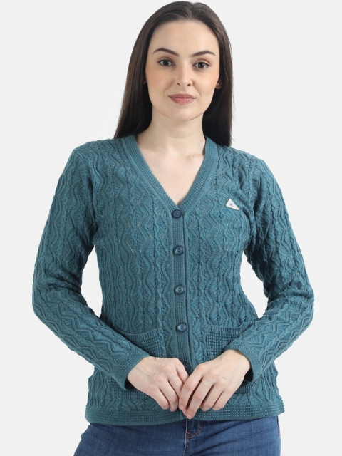 Monte Carlo Women Blue Self Design Cardigan Sweater