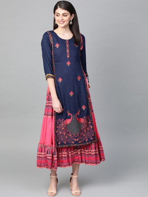 Ishin Women Navy Blue & Pink Embroidered Layered Anarkali Kurta