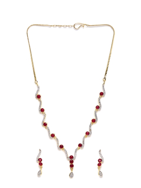 ZeroKaata Gold-Plated Red & White CZ & Stone-Studded Handcrafted Jewellery Set