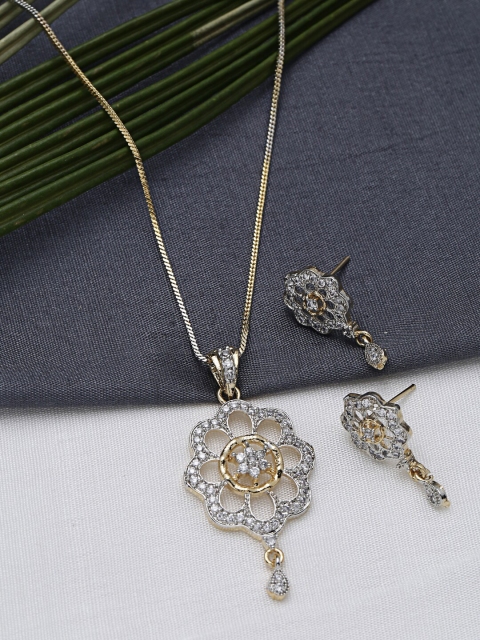 ZeroKaata Gold-Plated White & Silver-Toned AD-Studded Handcrafted Jewellery Set