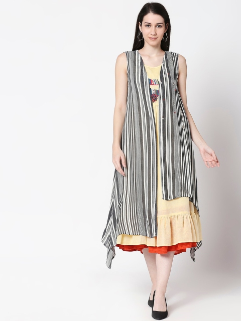 TERQUOIS Women Yellow Solid Fit and Flare Dress With Jacket