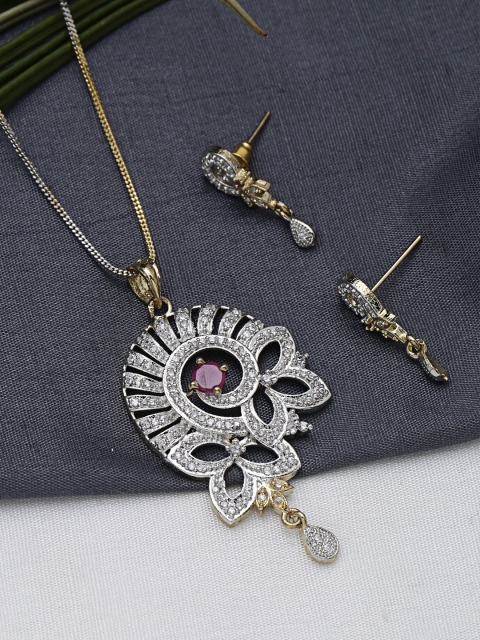 ZeroKaata Gold-Plated White & Red AD & Stone-Studded Handcrafted Jewellery Set