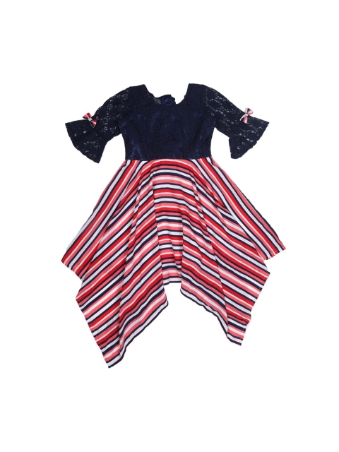 Doodle Girls Navy Blue & Red Self Design Fit and Flare Dress