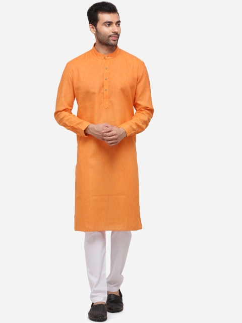 JADE BLUE Men Orange Solid Straight Modi Kurta