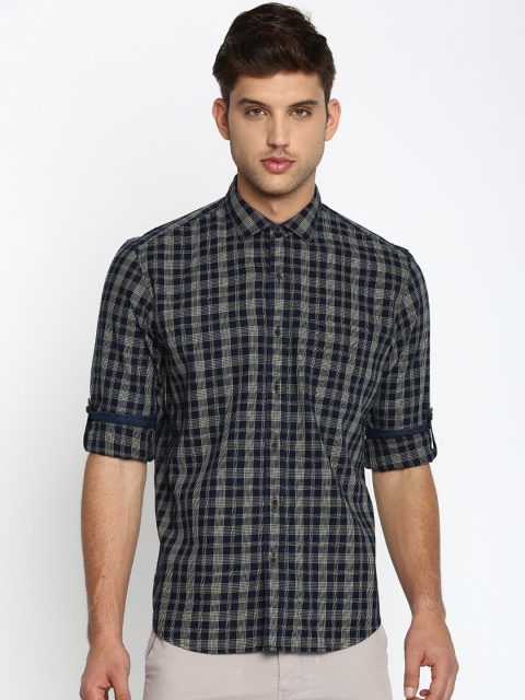 Basics Men Navy Blue & Off-White Slim Fit Checked Twill Casual Shirt