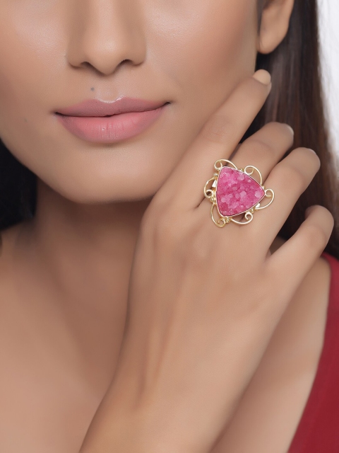 Tistabene Gold-Plated Pink Raw Stone-Studded Handcrafted Cocktail Finger Ring