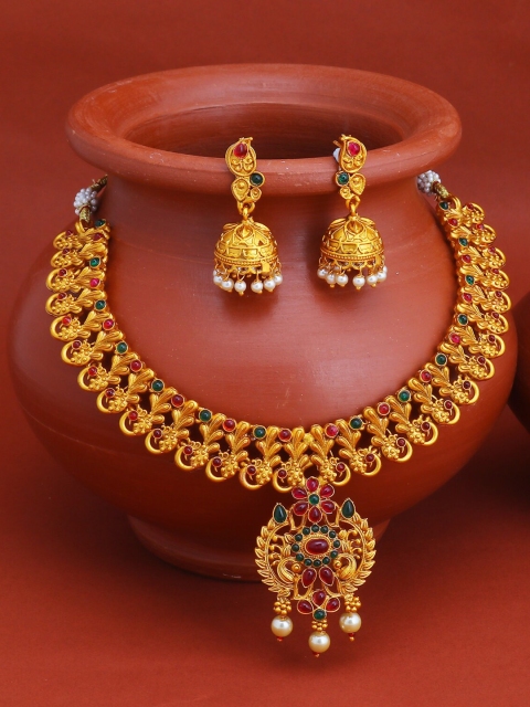 Sukkhi Gold-Plated Red & Green Stone-Studded Pearl Jewellery Set
