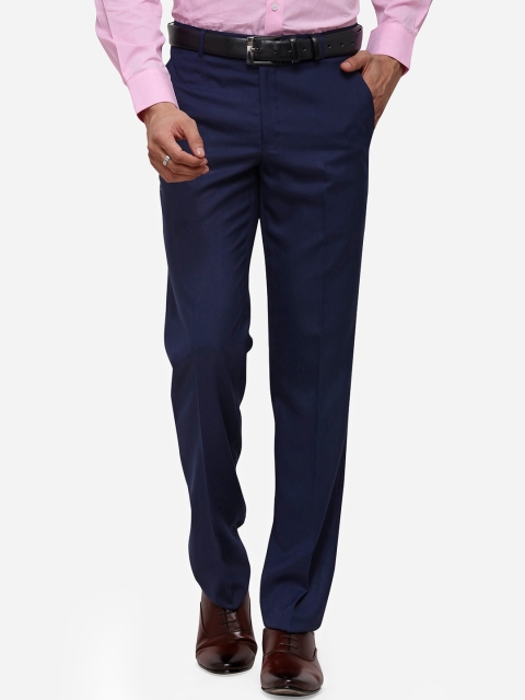 Greenfibre Men Navy Blue Slim Fit Solid Formal Trousers
