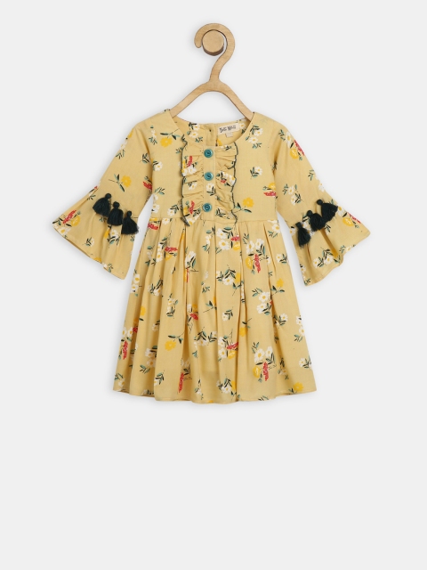 Bella Moda Girls Yellow Printed Fit and Flare Dress