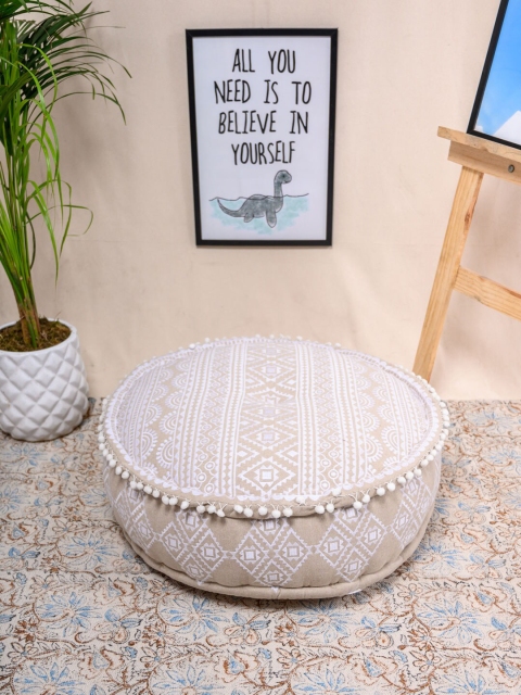 Tistabene Beige & White Cat Cross Embroidered Round-Shaped Floor Cushion