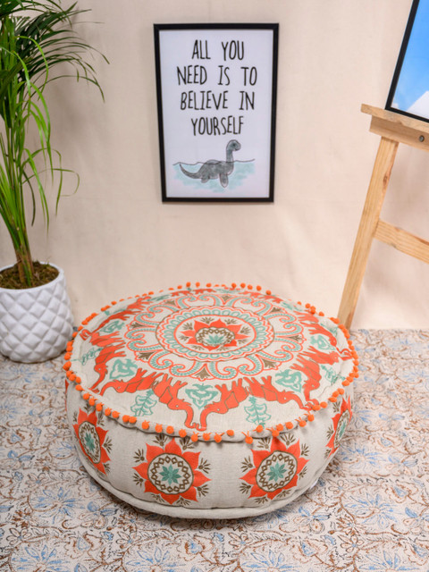 Tistabene Orange & Beige Elephant Mandala Inspired Embroided Round Floor Cushion 
Tistabene Orange & Beige Elephant Mandala Inspired Embroided Round Floor Cushion