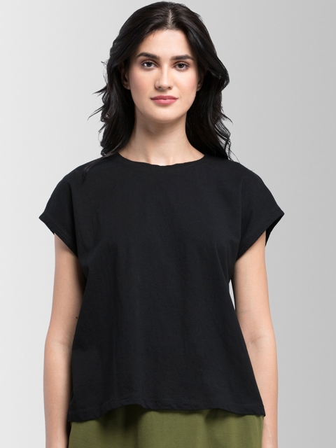 FableStreet Women Black Solid Round Neck T-shirt