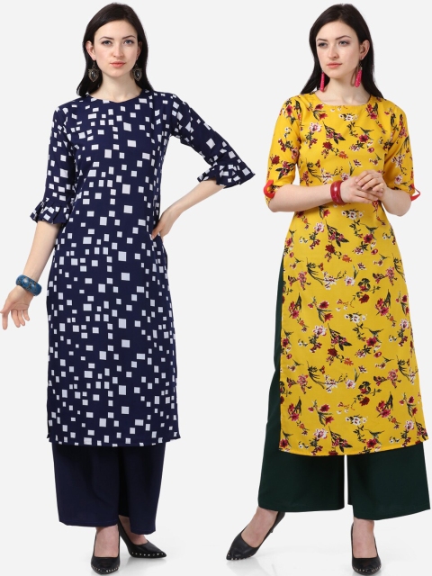 Silk Bazar Women Pack Of 2 Printed Kurta with Palazzos, Yellow