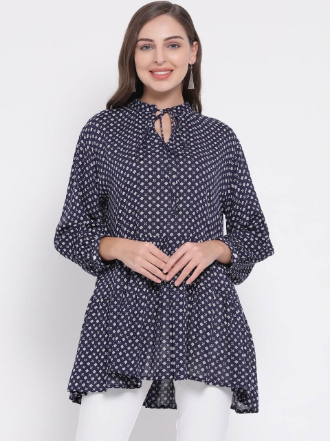 Oxolloxo Women Navy Blue Printed Tunic
