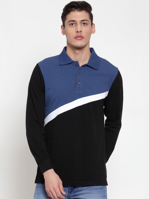 Kalt Men Black & Blue Colourblocked Polo Collar T-shirt
