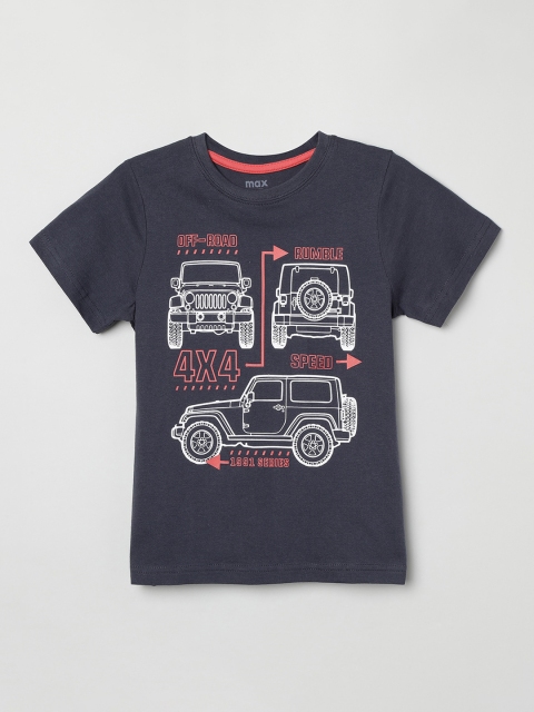 max Boys Charcoal Black & White Printed Round Neck T-shirt