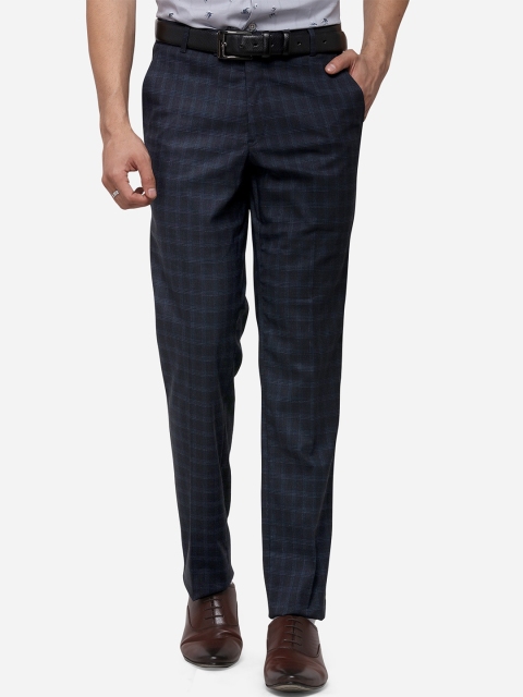 Greenfibre Men Navy Blue Skinny Fit Checked Formal Trousers