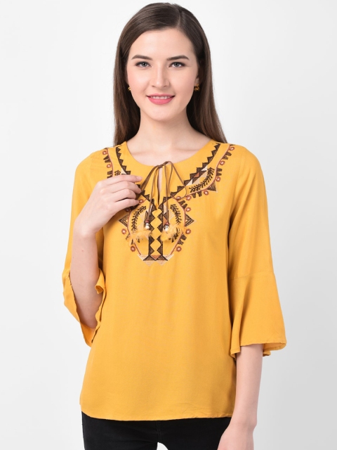 Latin Quarters Women Mustard Yellow Embroidered Top