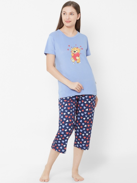 Velvet by night Women Blue & Navy Blue Printed Night Suit