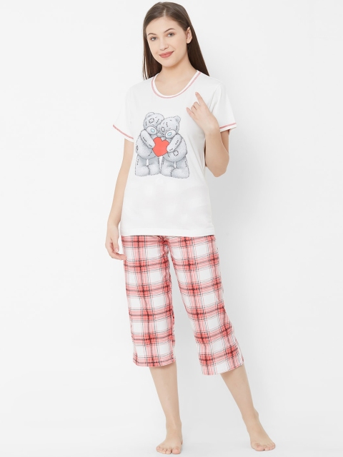Velvet by night Women Cream-Coloured & Red Printed Night suit