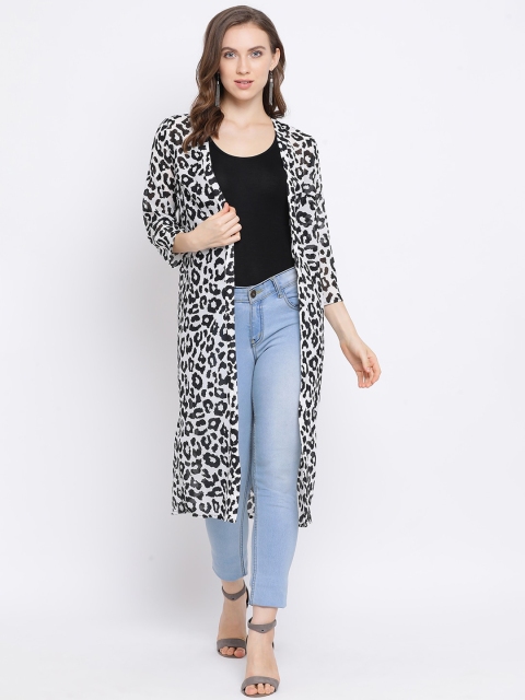 Oxolloxo Women Black & White Printed Open Front Shrug