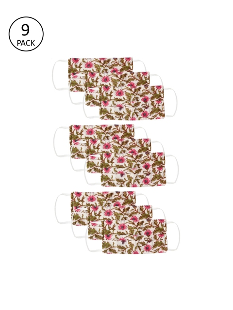 Bellofox Women Pink & Green 9 Pcs Printed 3-Ply Reusable Cloth Masks