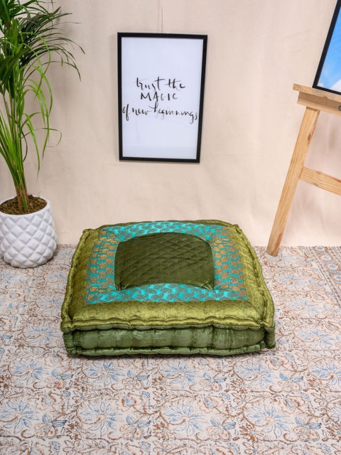 Tistabene Olive Green & Blue Brocket Velvet Square Floor Cushion