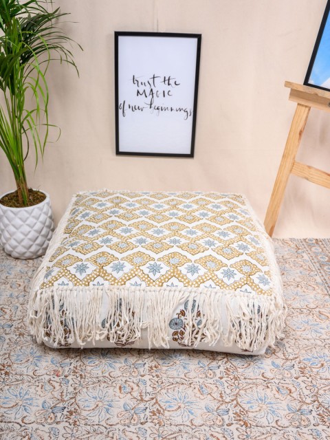 Tistabene Brown & White Fringed Aesthetic Square Pouf
