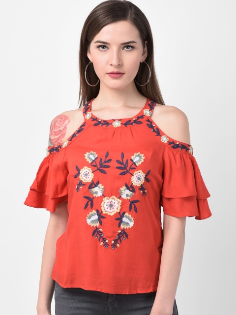 Latin Quarters Women Rust Red Embroidered Bardot Top