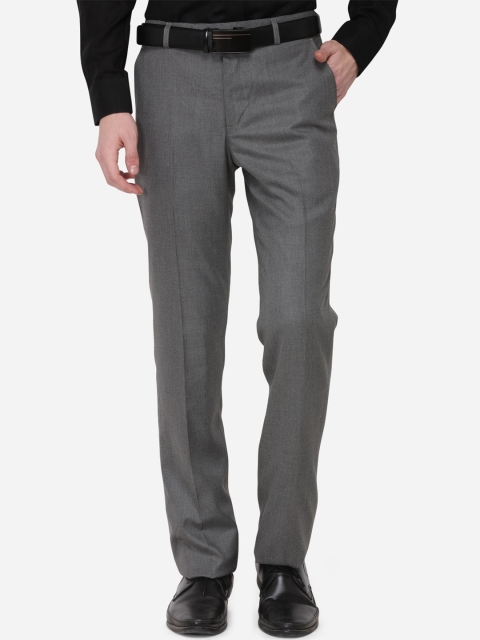 Greenfibre Men Grey Regular Fit Self Design Formal Trousers