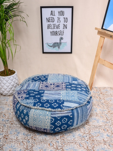 Tistabene Blue & Beige Patch Durry Print Round-Shaped Floor Cushion