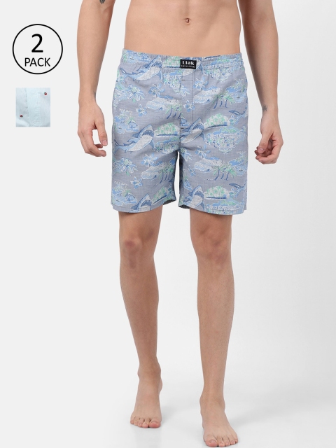 Llak Jeans Men Pack of 2 Printed Pure Cotton Boxers BP-SET-2-LT-BL, Blue
