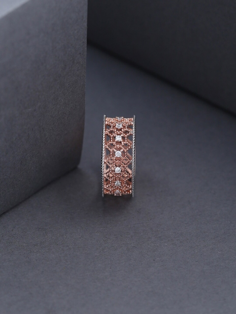 Tistabene Rose Gold-Plated White AD-Studded Jali Band Finger Ring